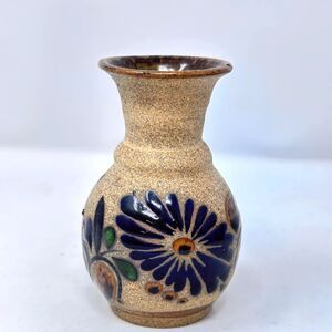 Vintage Tonala Mexican Pottery Vase Signed EM Mex Hand Painted Folk Art 4.75x3